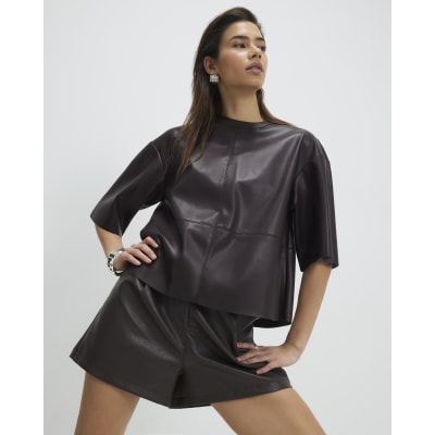 Red Faux Leather Seam Detail T-shirt