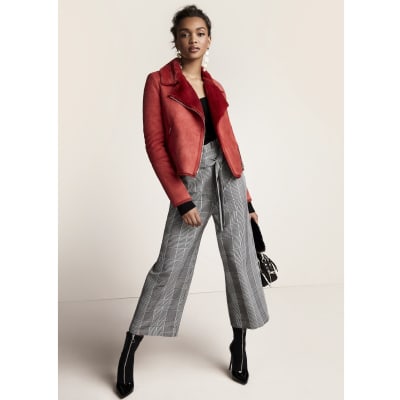 Red faux shearling biker jacket