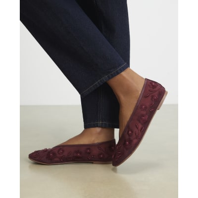 Red Floral Embroidered Mesh Ballet Pumps