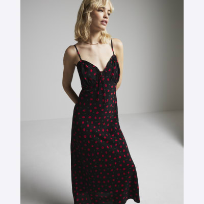 Red floral frill trim slip midi dress River Island