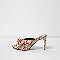 Red floral jacquard bow front heeled mules