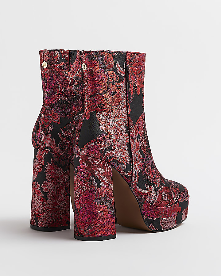 Red floral jacquard heeled ankle boots