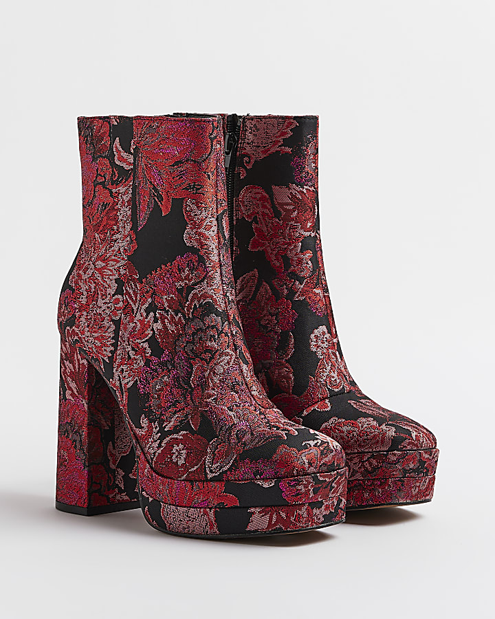 Red floral jacquard heeled ankle boots