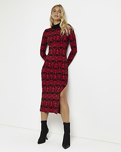 Red floral knit bodycon midi dress
