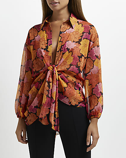 Red floral knot front blouse