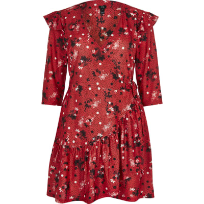 red frill wrap dress