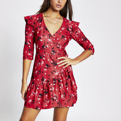 red floral print wrap dress