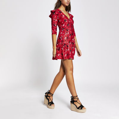 long sleeve red floral dress