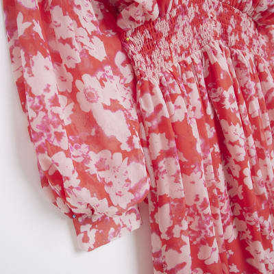 Red floral long sleeve mini dress