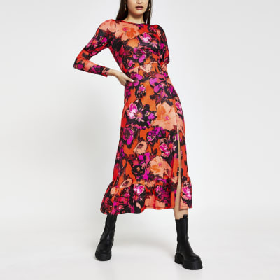 Red floral Long Sleeve side split midi dress | River Island