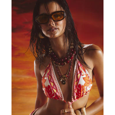 Red Floral Print Bikini Top
