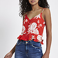 Red floral print button front cami top
