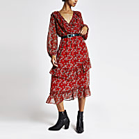 Red floral print frill wrap dress