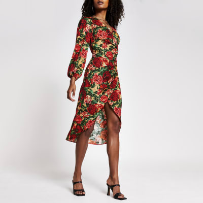 floral red wrap dress