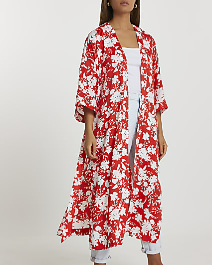Red floral printed kimono