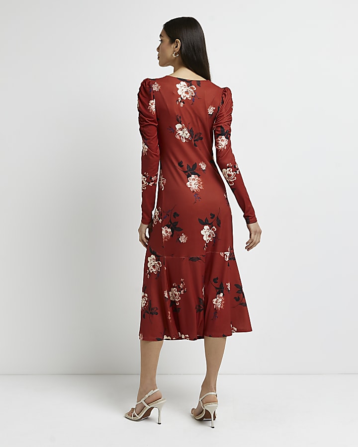 Red floral ruched midi dress