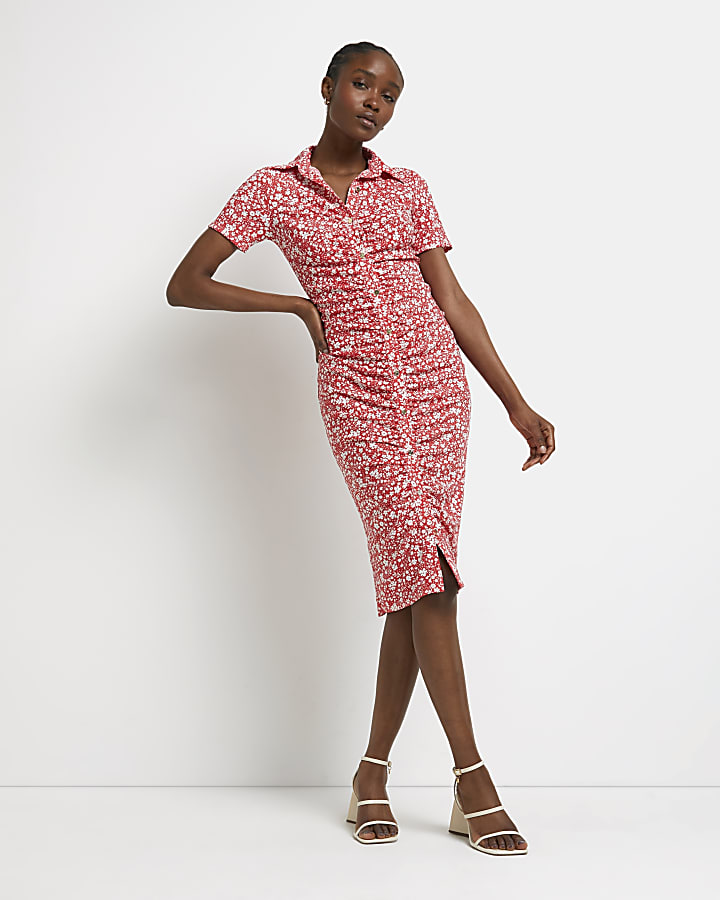 Red floral ruched midi shirt dress
