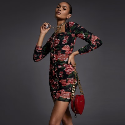 Red floral rushed mesh bodycon dress