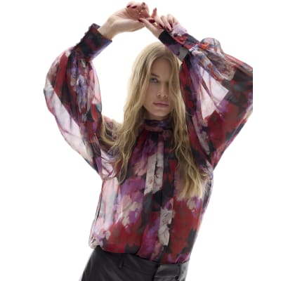 Floral Sheer Tie Neck Top