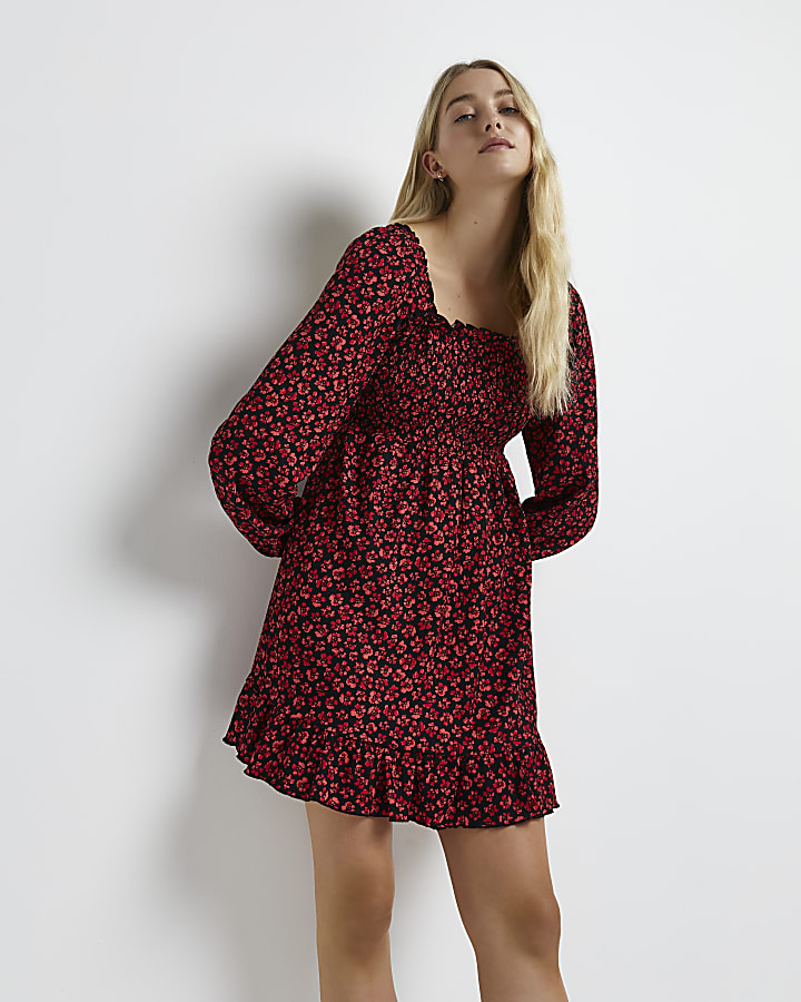 Red floral shirred mini dress