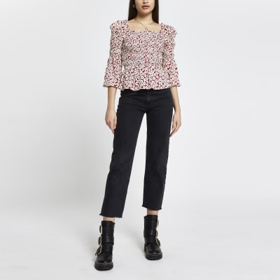 Red floral shirred puff sleeve blouse top