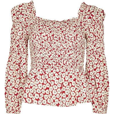 Red floral shirred puff sleeve blouse top