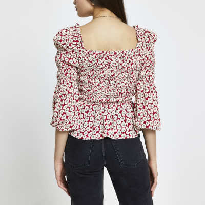 Red floral shirred puff sleeve blouse top