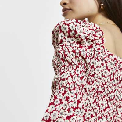 Red floral shirred puff sleeve blouse top