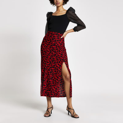 red floral midi skirt