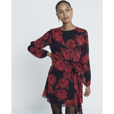 Red Floral Tie Front Mini Dress River Island