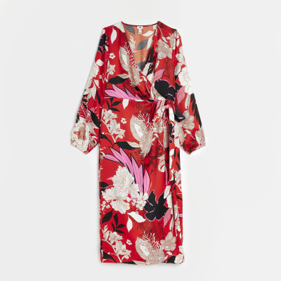 Red floral wrap midi dress
