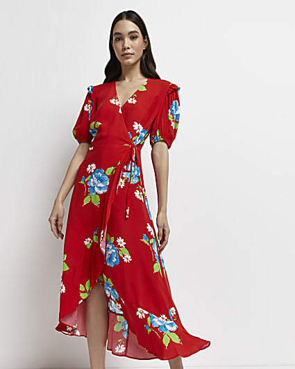 Red floral wrap midi dress