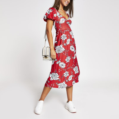 red floral midi wrap dress