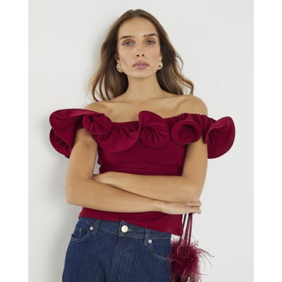 Red Frill Bardot Top