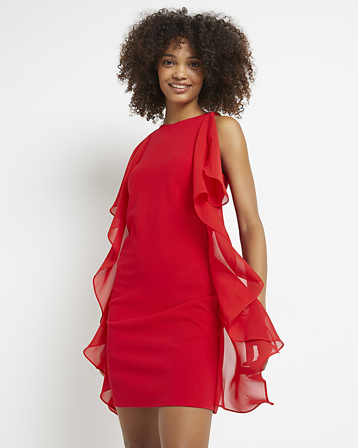 Red frill chiffon mini dress