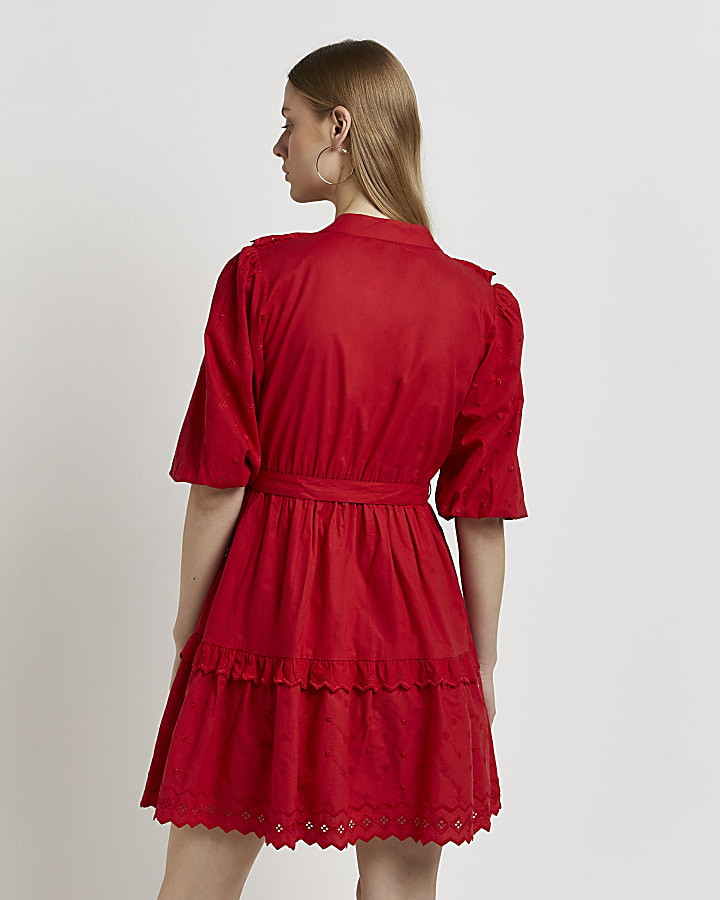 Red frill detail mini shirt dress