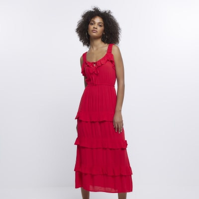Red Frill Layered Midi Dress | River Island