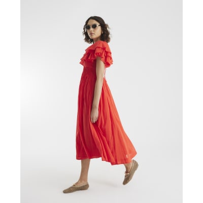 Red frill Sleeve Midi Dress