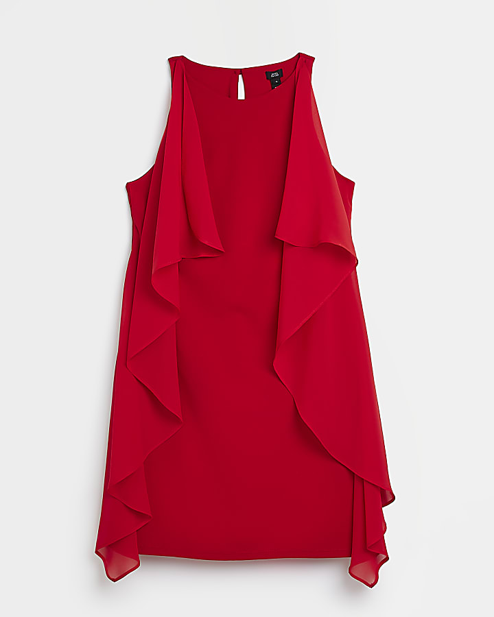 Red frill sleeveless mini shift dress