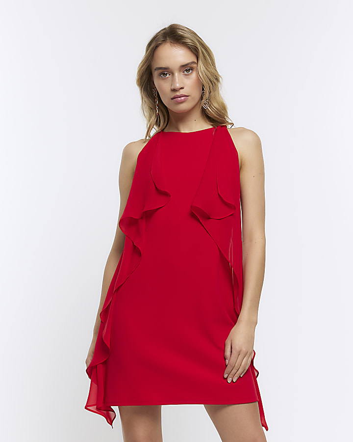 Red frill sleeveless mini shift dress