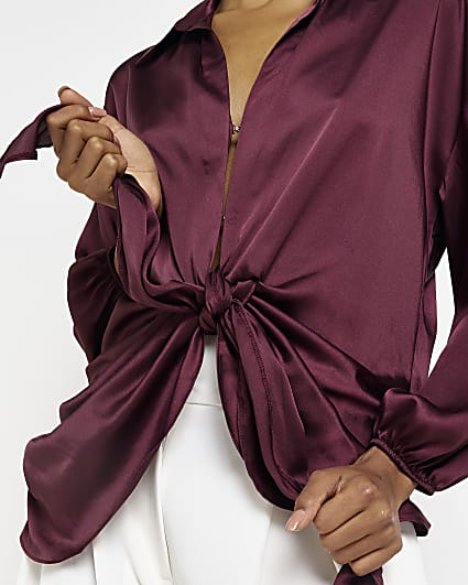 Red front knot satin shirt