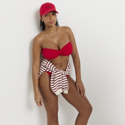 Red fuller bust texture bandeau bikini top