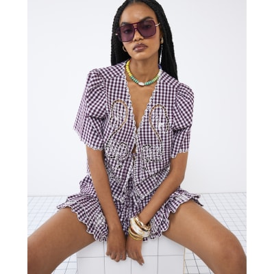 Red Gingham Short Sleeve Tie Front Top