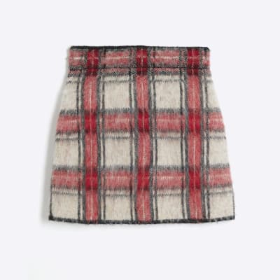Red Hairy Tartan Mini Skirt River Island
