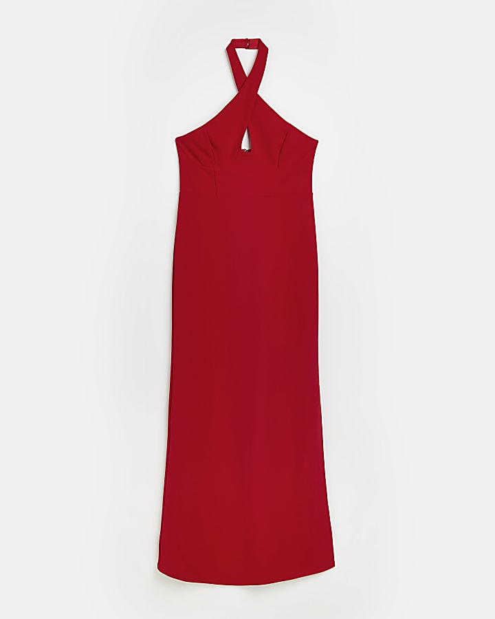 Red halter neck bodycon maxi dress