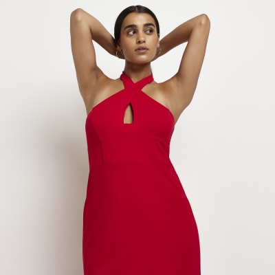 Red halter neck bodycon maxi dress | River Island