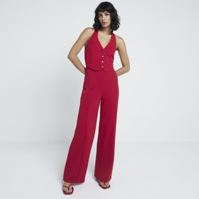 Red halter neck waistcoat jumpsuit River Island