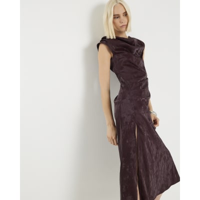 Red Hammered Faux Leather Cowl Neck Dress