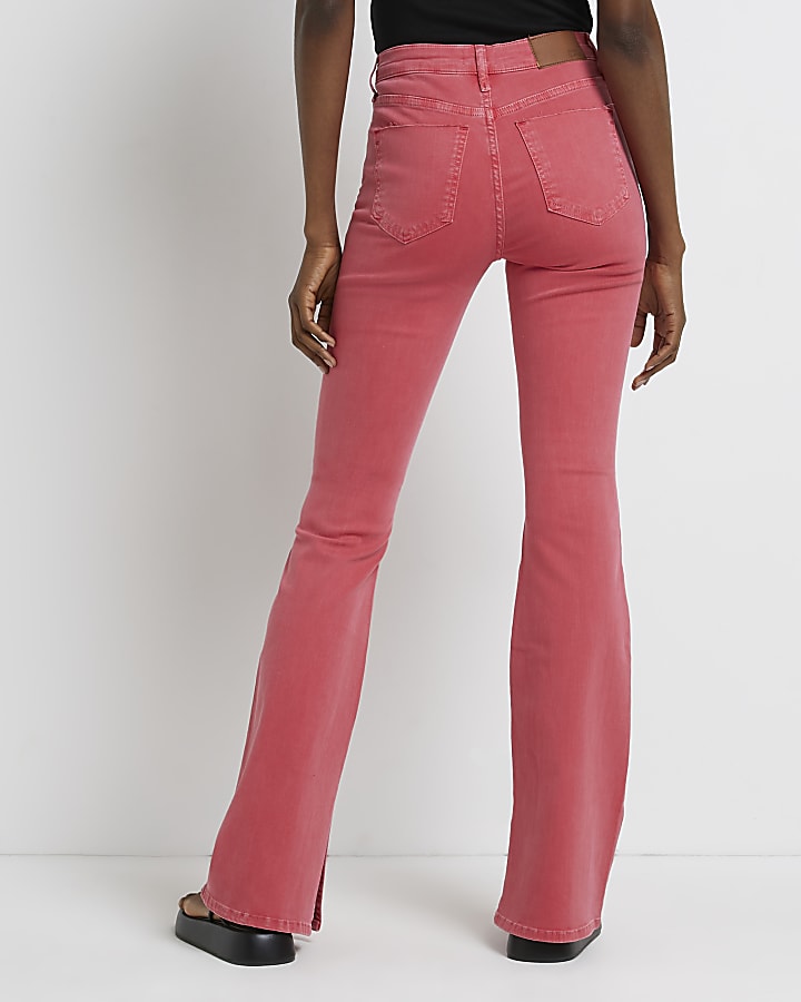 Red high waisted flared jeans