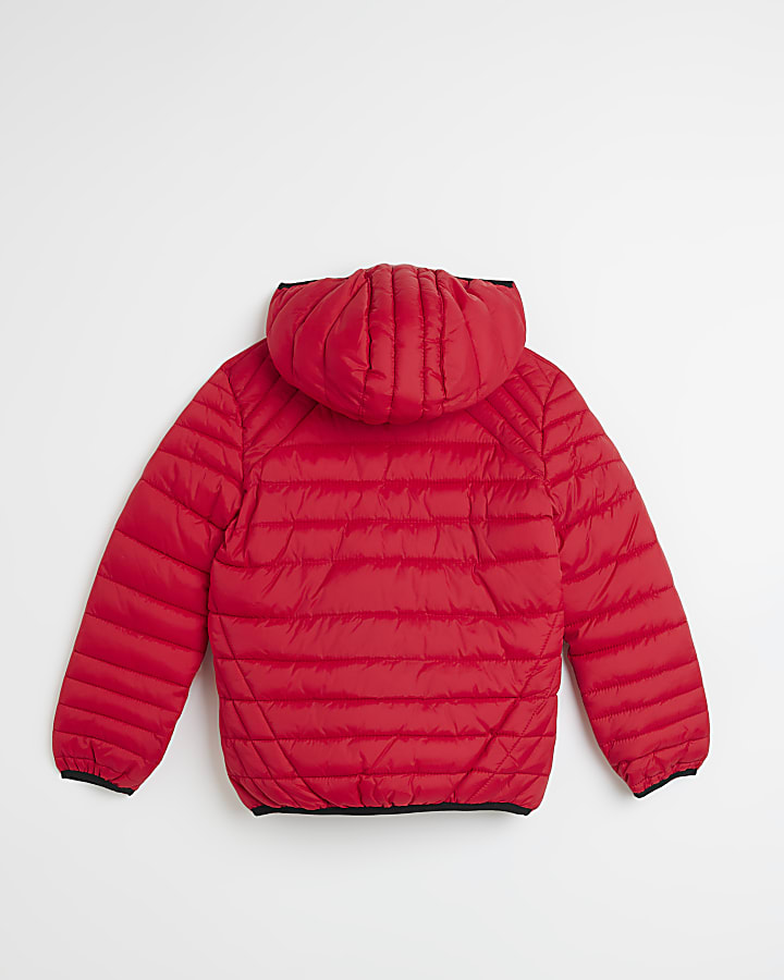Red hooded padded jacket